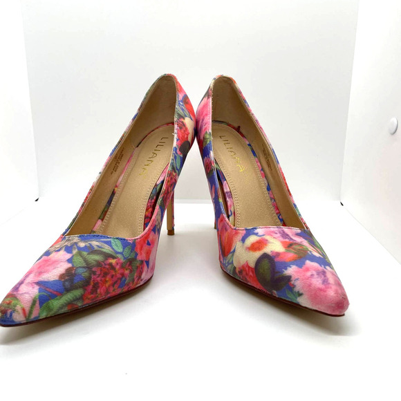 Liliana Pink Blue Jane Floral Closed Pointed Toe Heel Stiletto Size 9 - Picture 1 of 12
